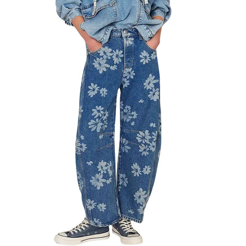 Women's Y2K Floral Print Wide-Leg Jeans – Loose Boyfriend Fit Denim