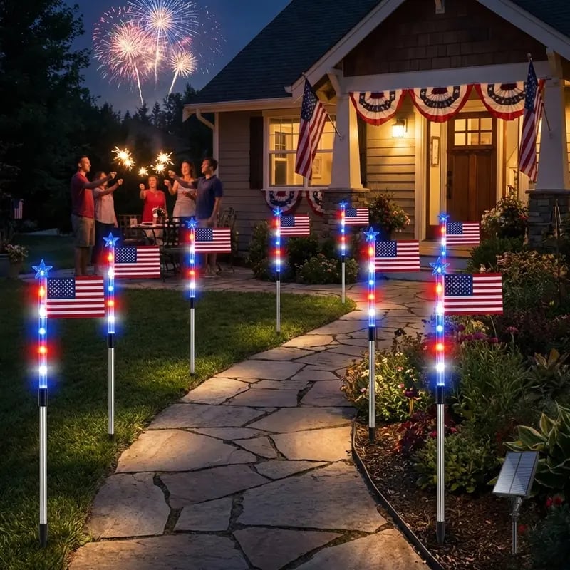 🎉8 Solar American Flag Pathway Lights – Red, White & Blue Yard Glow for 250th Independence Celebration 🇺🇸✨