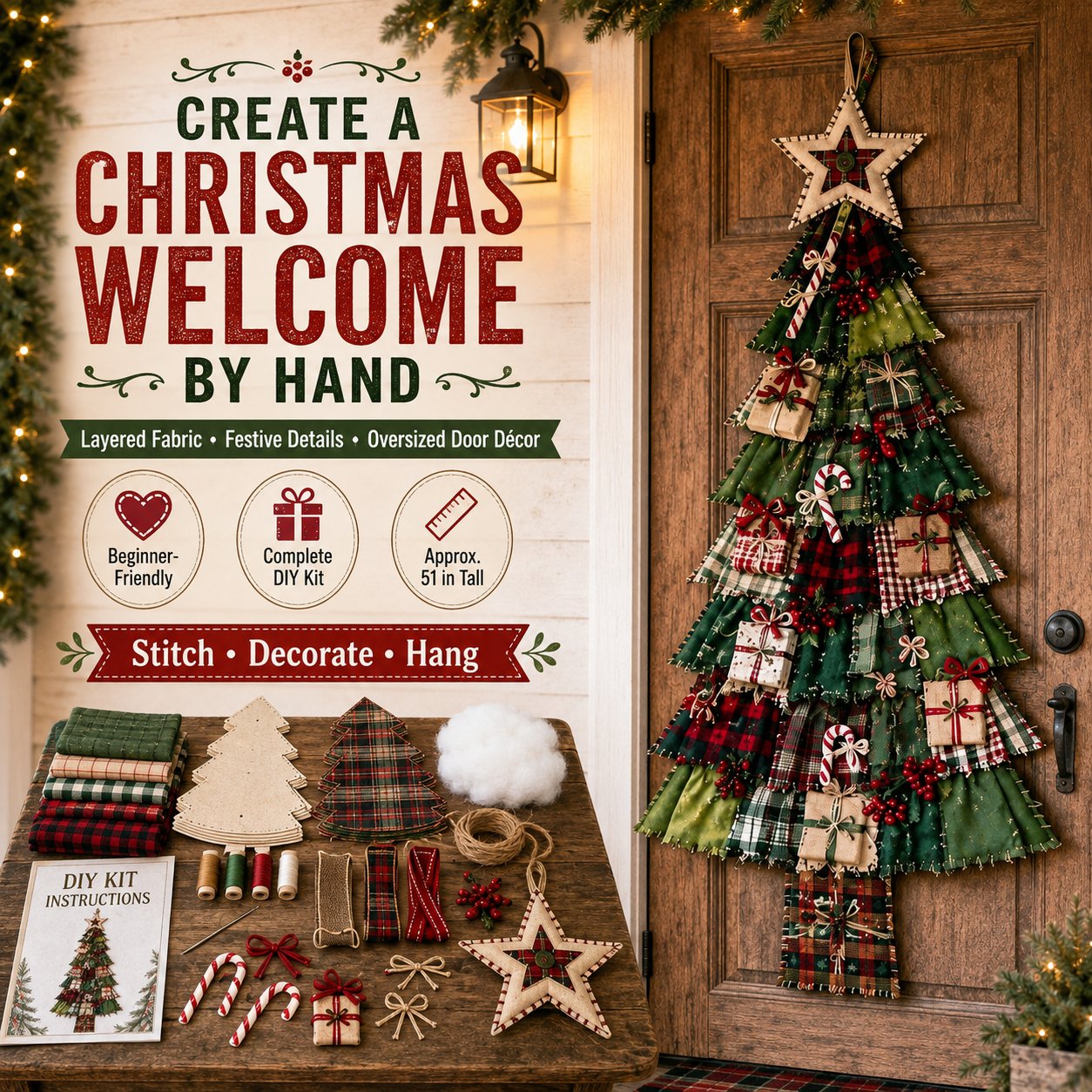 DIY Oversized Patchwork Christmas Tree Door Hanging Kit – Beginner-Friendly, All Tools & Guide Included