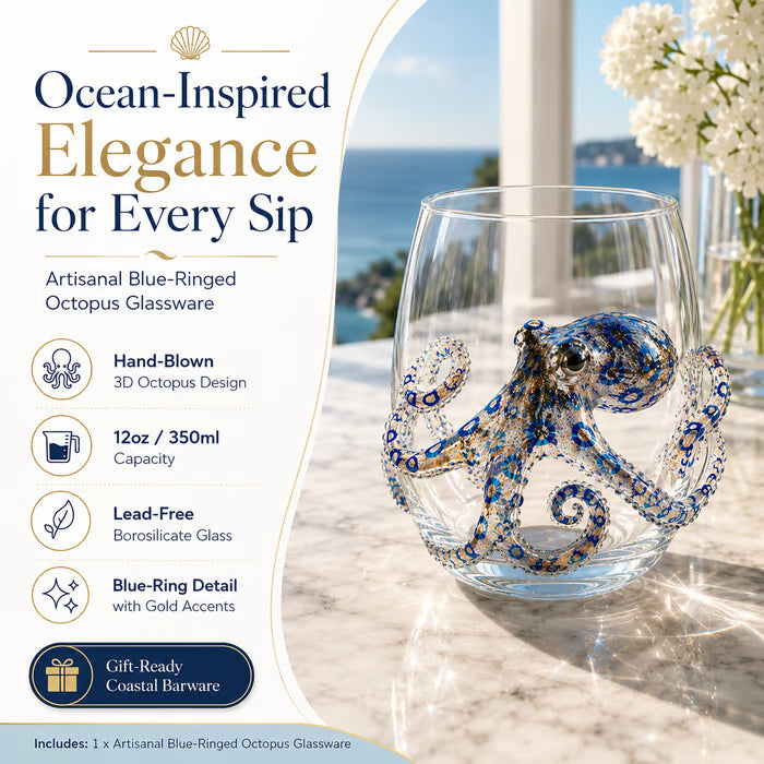 Artisanal 3D Ocean Creature Glass | Blue Ringed Octopus & Sea Life Glassware