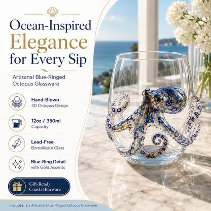 Artisanal 3D Ocean Creature Glass | Blue Ringed Octopus & Sea Life Glassware