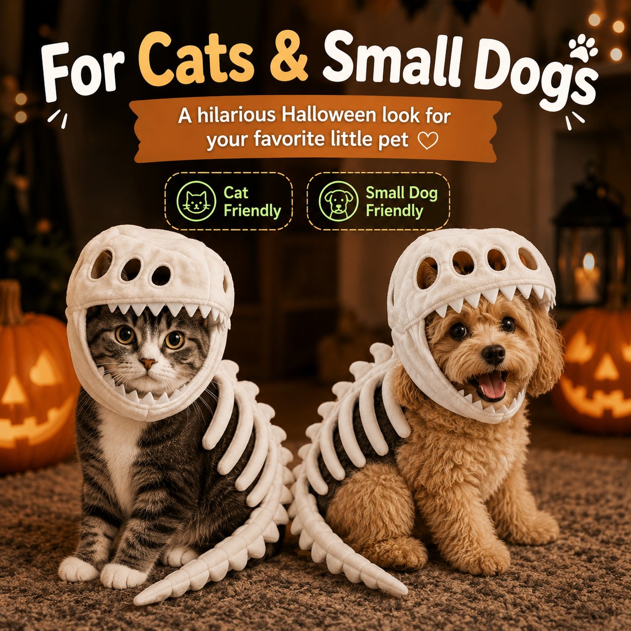 Glow-in-the-Dark Dinosaur Skeleton Pet Costume for Cats & Small Dogs
