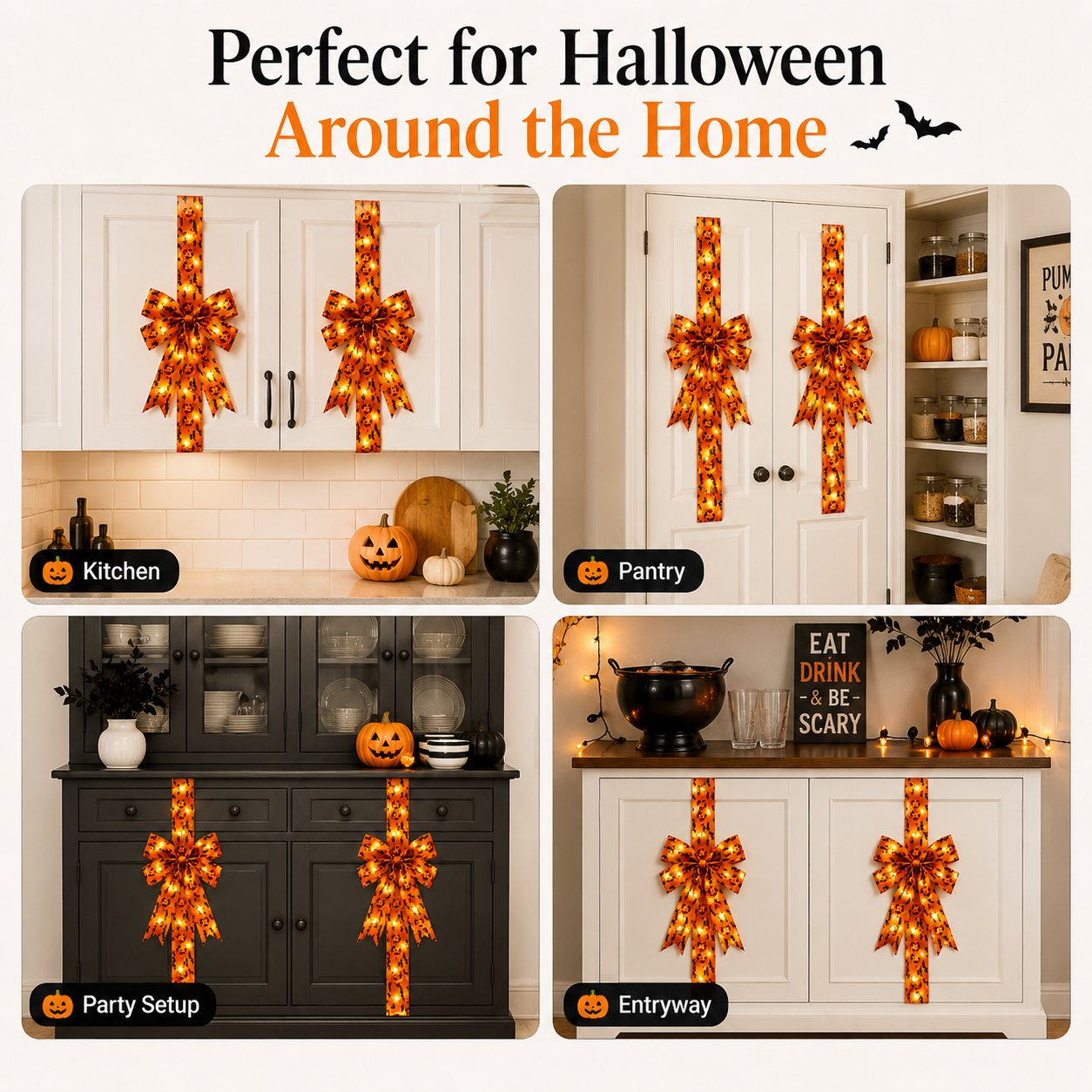 Halloween Cabinet Door Bow Ribbon Decorations – Pumpkin & Skull Oversized Bow