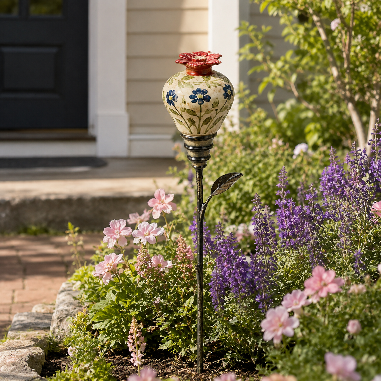 Vintage Ceramic Hummingbird Feeder Garden Stake – Decorative Outdoor Bird Feeder