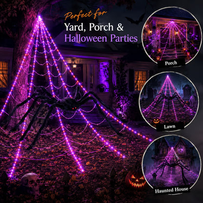 Halloween LED Spider Web Lights & Giant Black Spider Decor | 250 LEDs, 8 Modes, Remote Control