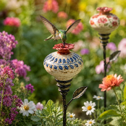 Vintage Ceramic Hummingbird Feeder Garden Stake – Decorative Outdoor Bird Feeder