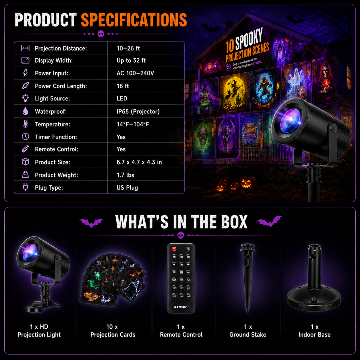 32FT HD Halloween Projector | 10 Projection Patterns Indoor & Outdoor Display