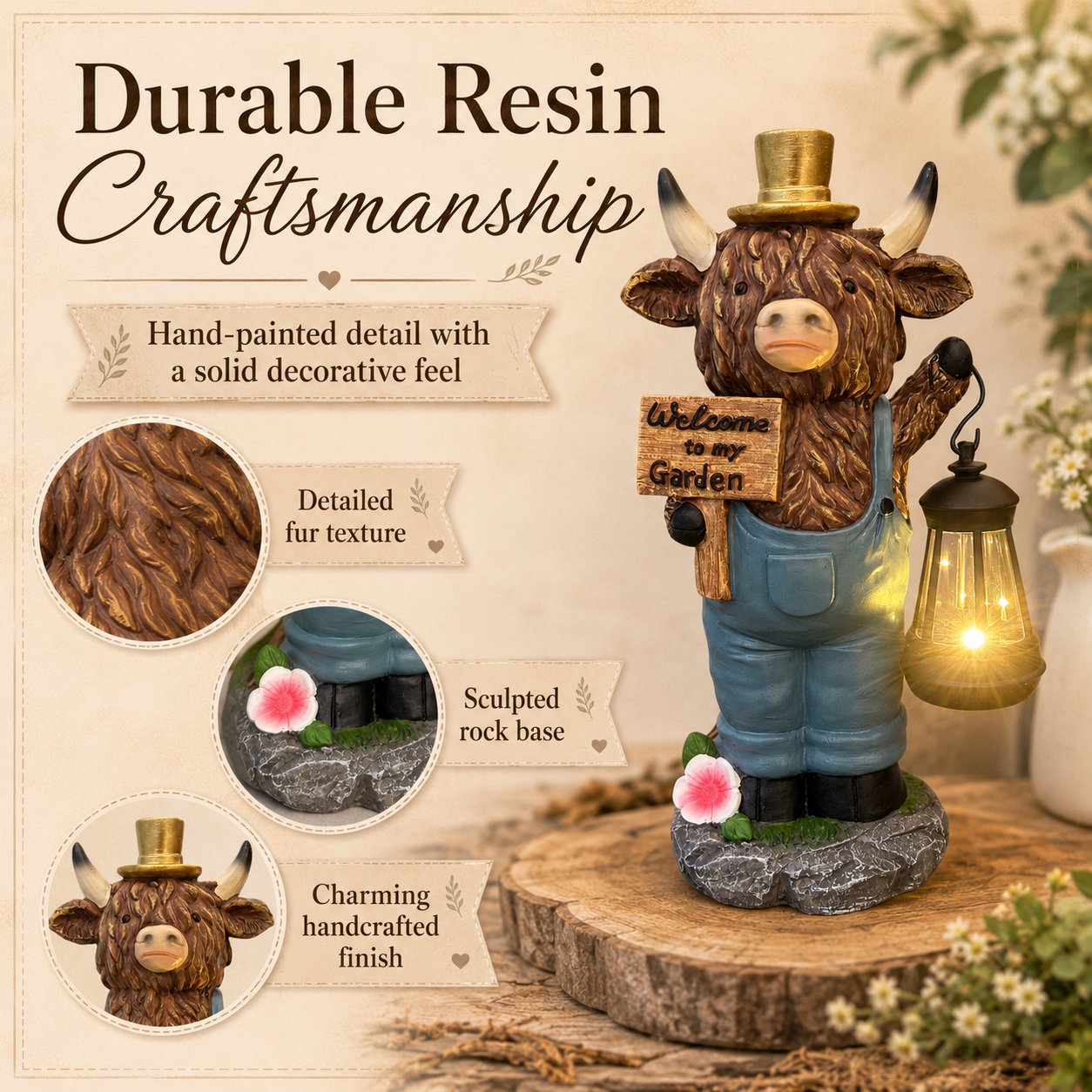 Handcrafted Highland Cow Solar Garden Lantern Statue