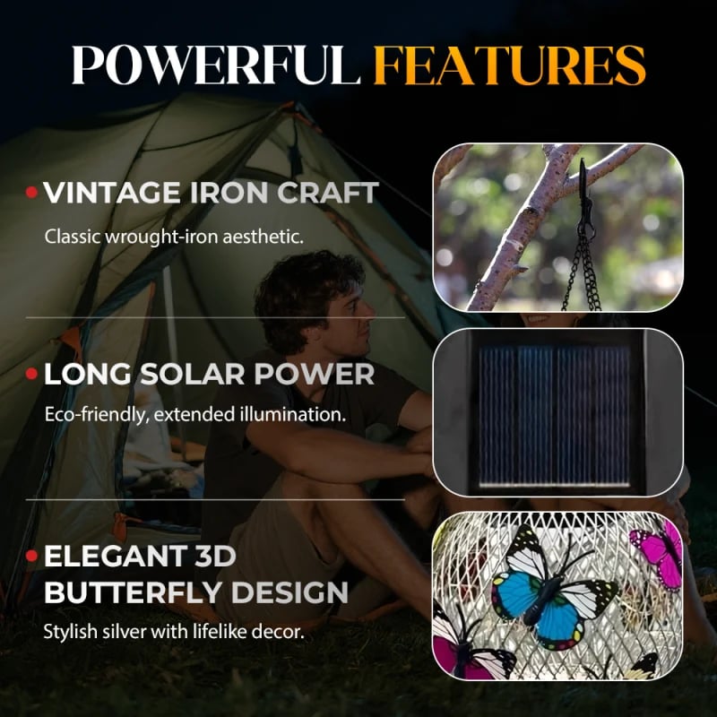 Solar Garden Pendant Light – Handcrafted Iron Art Lantern with Butterfly Decor