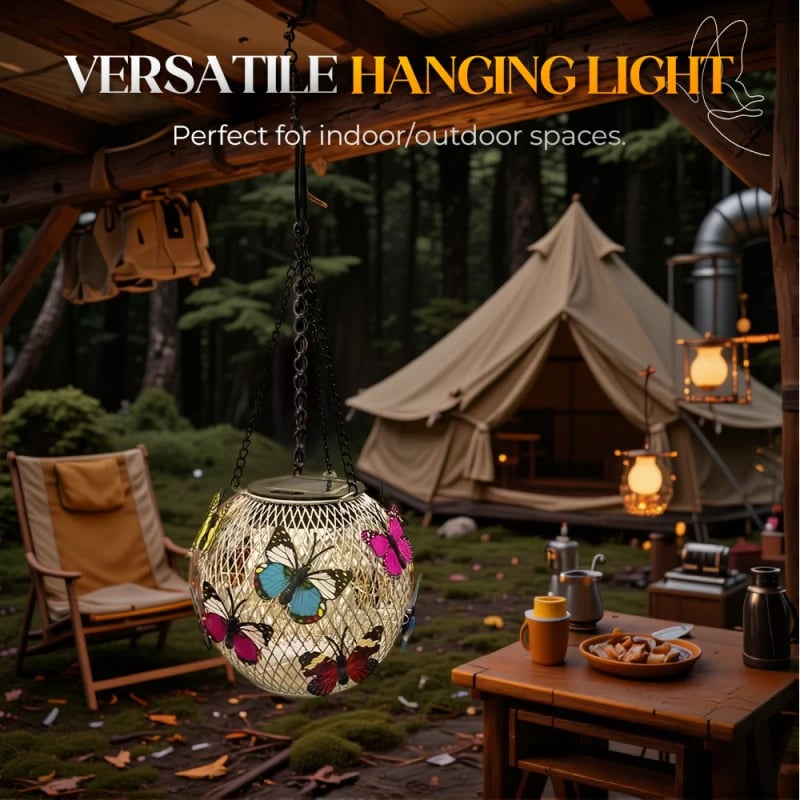 Solar Garden Pendant Light – Handcrafted Iron Art Lantern with Butterfly Decor