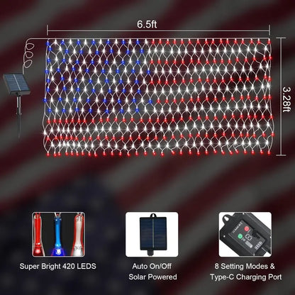 Memorial Day-Solar American Flag Lights Outdoor,420 LEDs American Flag Net Lights 6.5ft x 3.28ft Super Bright
