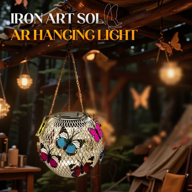 Solar Garden Pendant Light – Handcrafted Iron Art Lantern with Butterfly Decor