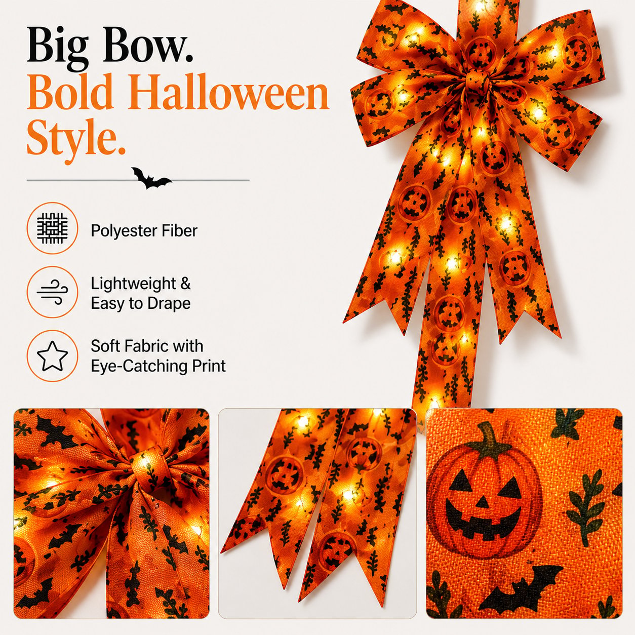 Halloween Cabinet Door Bow Ribbon Decorations – Pumpkin & Skull Oversized Bow