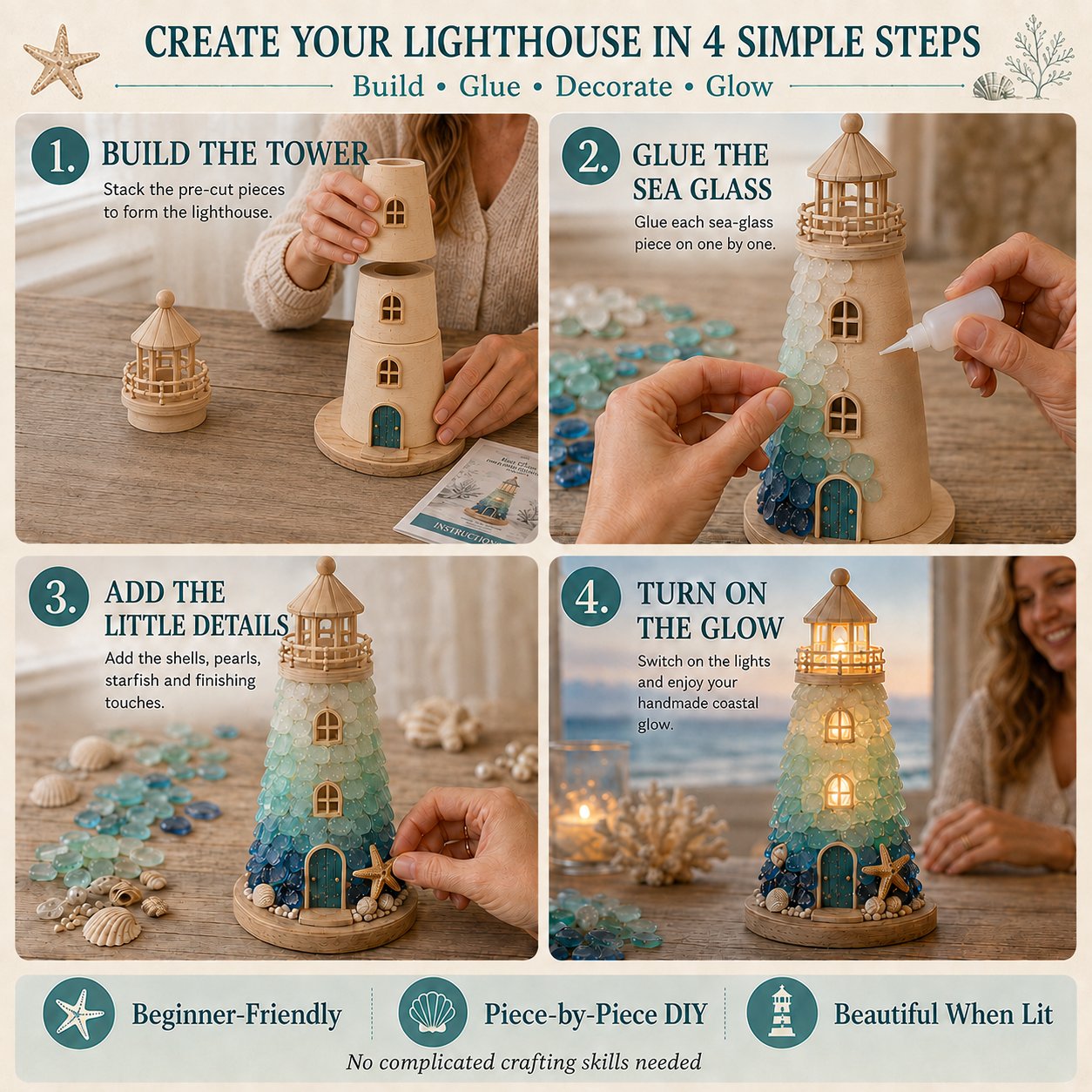 DIY Sea Glass Lighthouse Kit – LED Coastal Craft Decoration