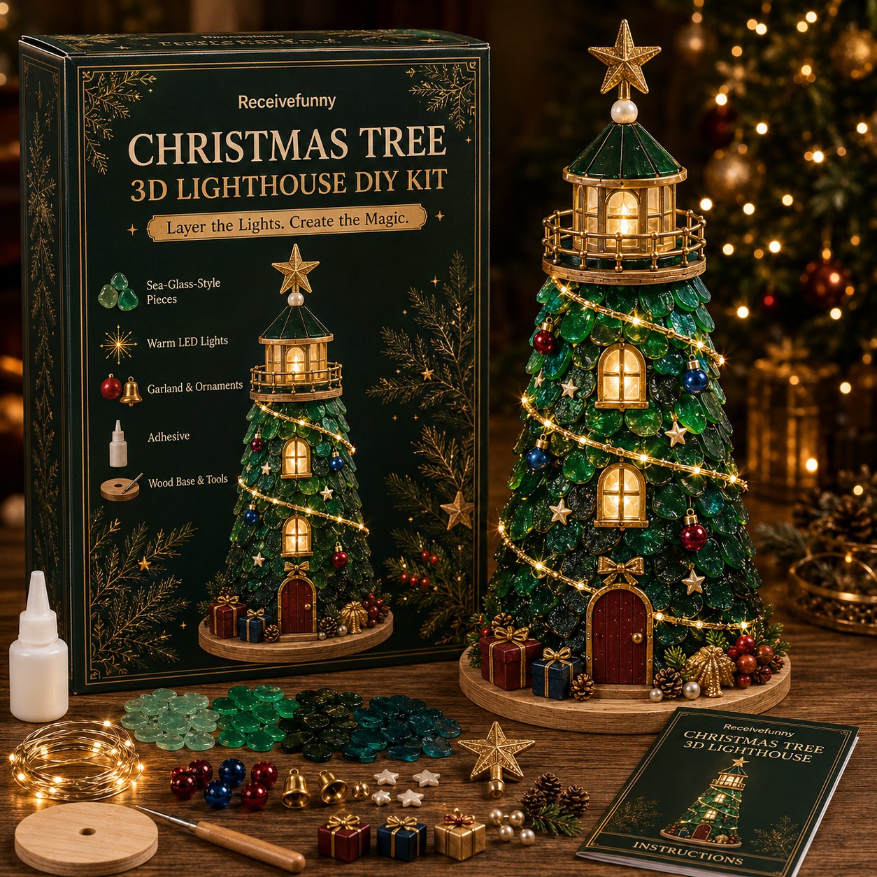 DIY Lighted Christmas Lighthouse Kit | Sea Glass-Style Pieces, LED Lights & 5 Festive Styles