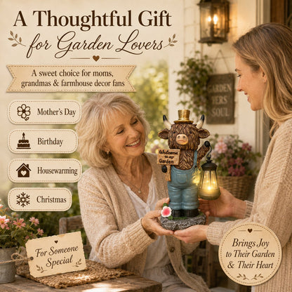 Handcrafted Highland Cow Solar Garden Lantern Statue