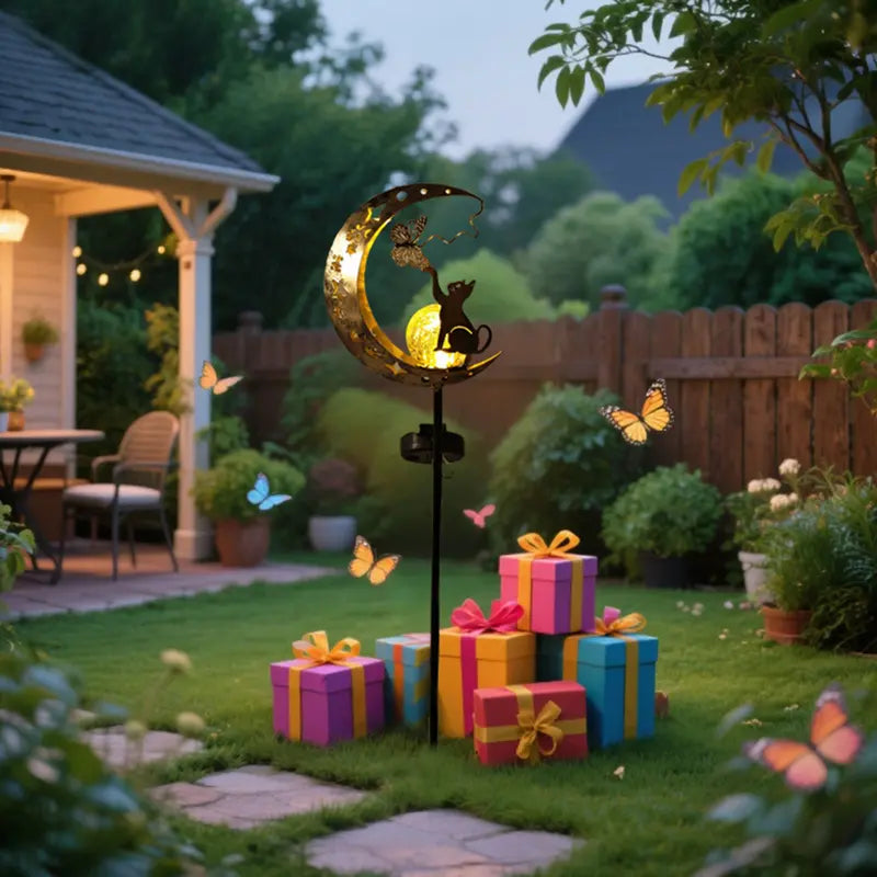 Solar Cat and Moon Light for Garden and Patio, Waterproof Warm LED Solar Landscape Lamp