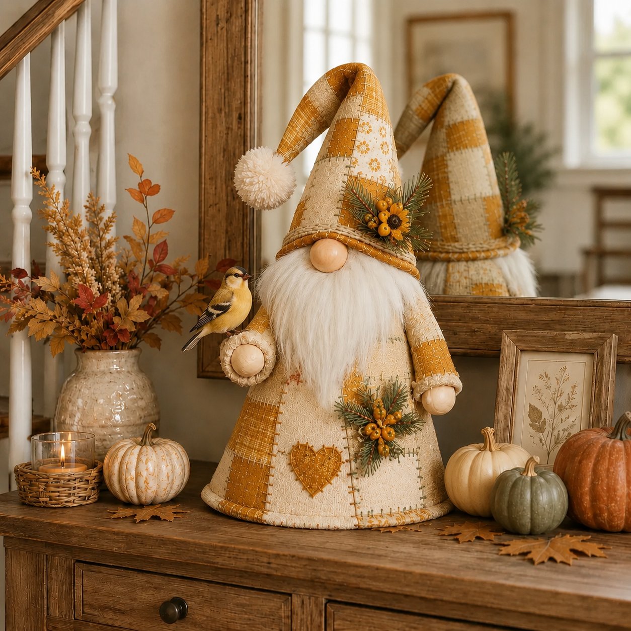 🐦 Patchwork Bird Gnome Light Collection | Warm Glowing Tabletop Decor with Farmhouse Patchwork Details for Mantels, Shelves & Holiday Gifts ✨