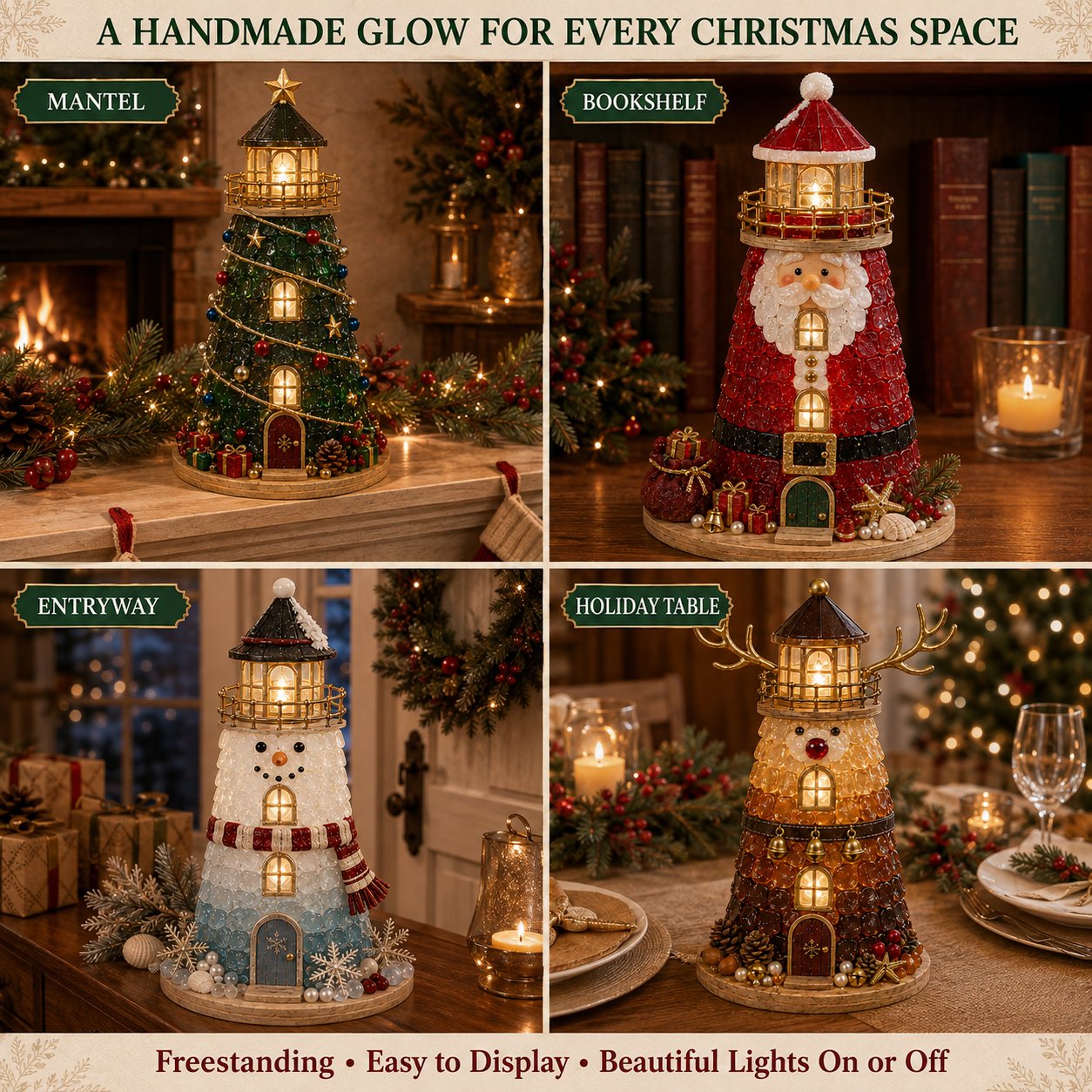 DIY Lighted Christmas Lighthouse Kit | Sea Glass-Style Pieces, LED Lights & 5 Festive Styles