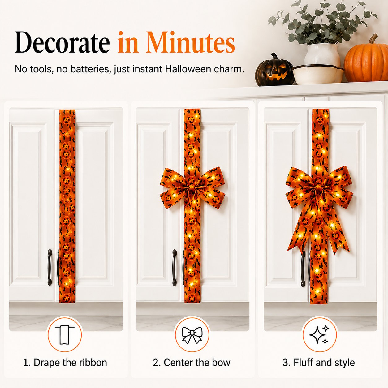 Halloween Cabinet Door Bow Ribbon Decorations – Pumpkin & Skull Oversized Bow