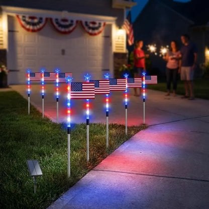 🎉8 Solar American Flag Pathway Lights – Red, White & Blue Yard Glow for 250th Independence Celebration 🇺🇸✨