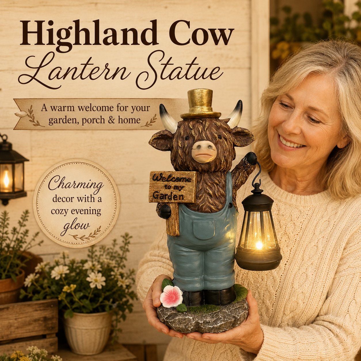 Handcrafted Highland Cow Solar Garden Lantern Statue