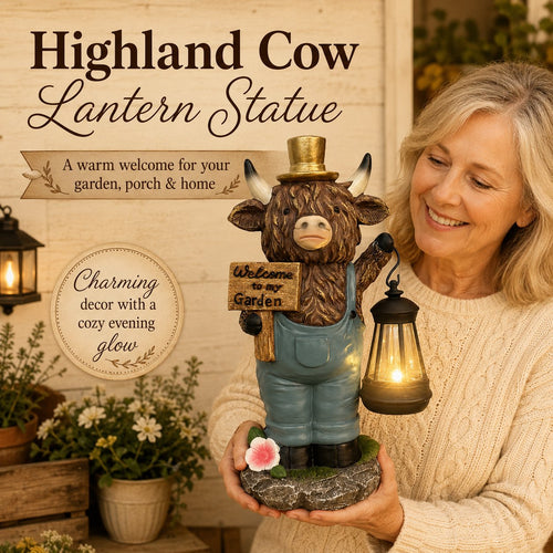 Handcrafted Highland Cow Solar Garden Lantern Statue
