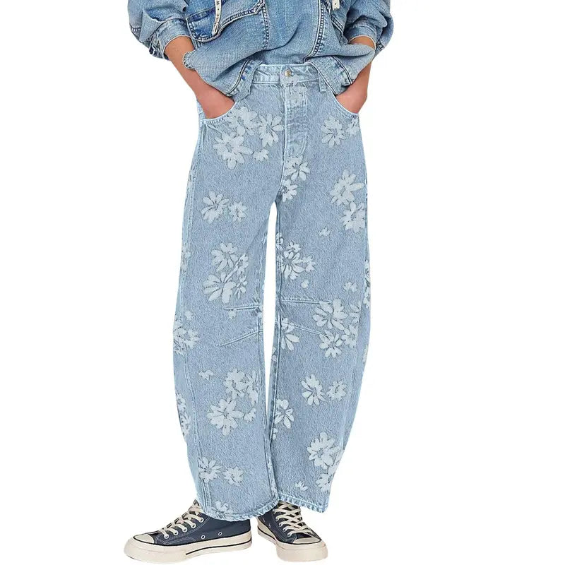 Women's Y2K Floral Print Wide-Leg Jeans – Loose Boyfriend Fit Denim