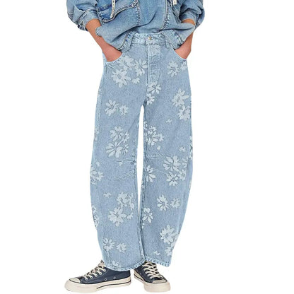 Women's Y2K Floral Print Wide-Leg Jeans – Loose Boyfriend Fit Denim