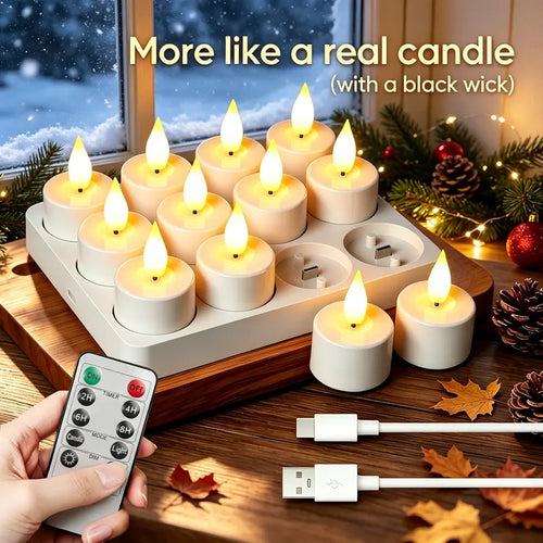 12-Pack Rechargeable LED Flameless Tealight Candles | Remote & Timer | USB-C