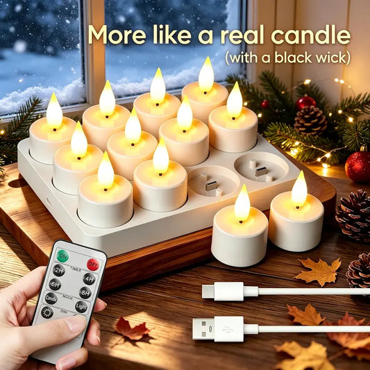 12-Pack Rechargeable LED Flameless Tealight Candles | Remote & Timer | USB-C