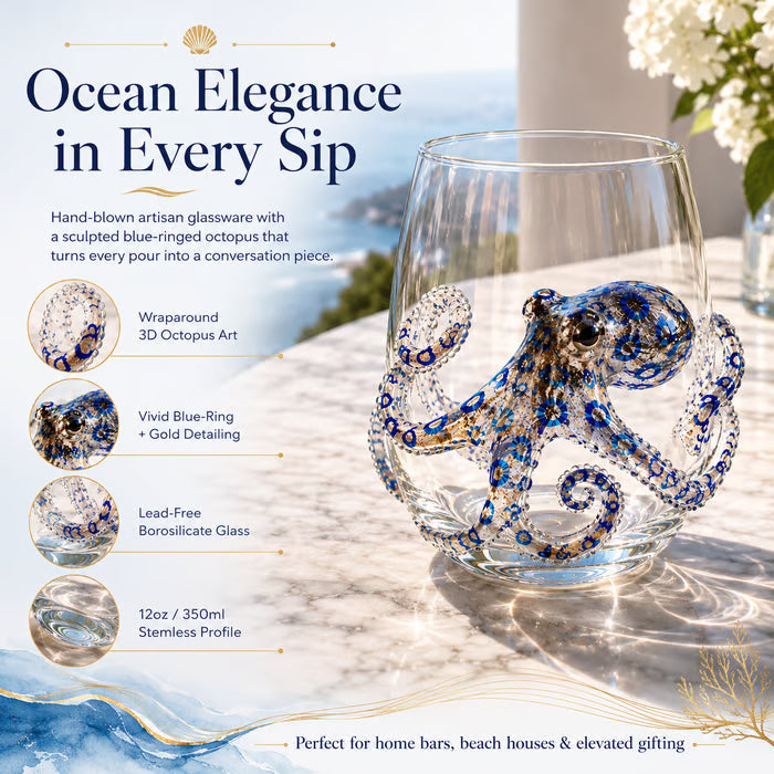 Artisanal 3D Ocean Creature Glass | Blue Ringed Octopus & Sea Life Glassware