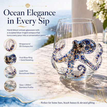 Artisanal 3D Ocean Creature Glass | Blue Ringed Octopus & Sea Life Glassware