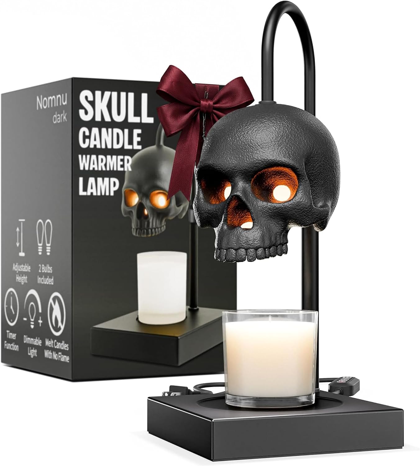 💀Skull Candle Warmer Lamp with Timer and Dimmer *Candles NOT Included – Black Gothic Candle Lamp Warmer w/Adjustable Height, 2 Light Bulbs