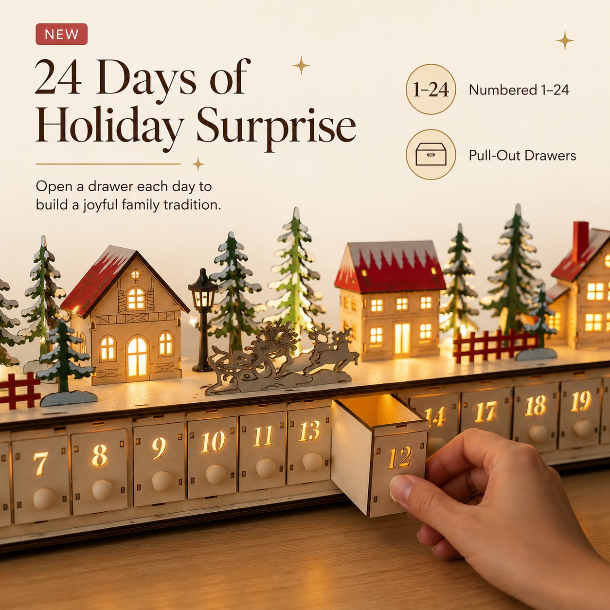 🏡🎁Wooden Village Advent Calendar With Led Glow