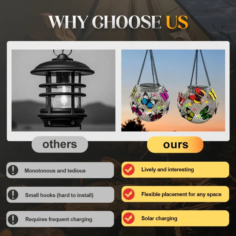 Solar Garden Pendant Light – Handcrafted Iron Art Lantern with Butterfly Decor