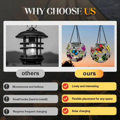 Solar Garden Pendant Light – Handcrafted Iron Art Lantern with Butterfly Decor