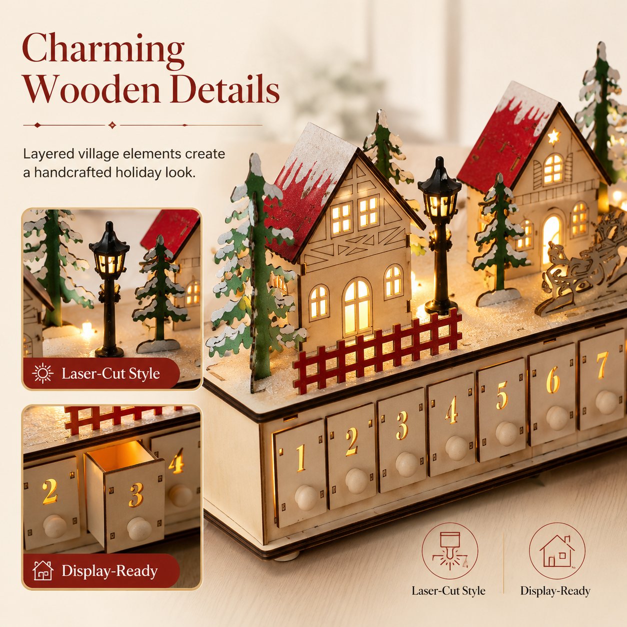 🏡🎁Wooden Village Advent Calendar With Led Glow