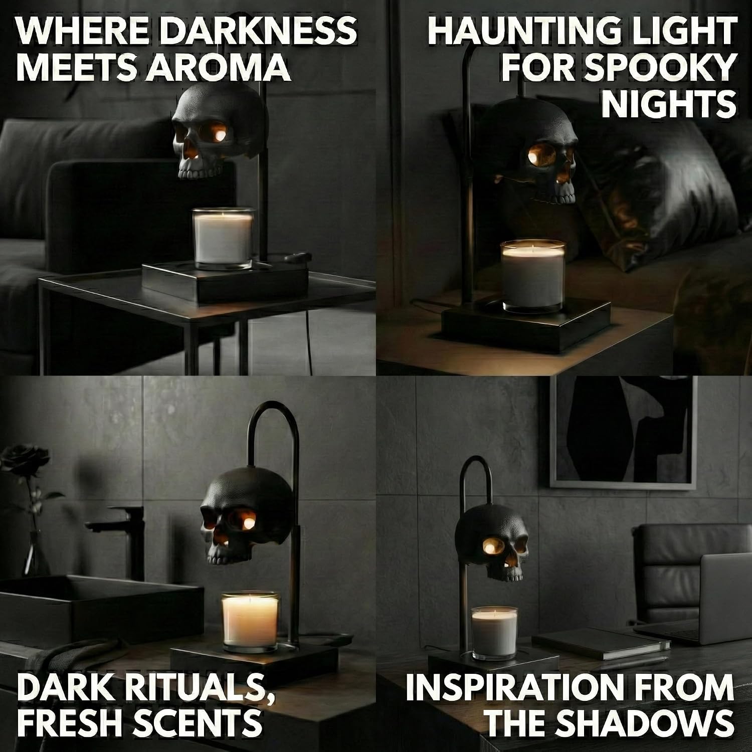 💀Skull Candle Warmer Lamp with Timer and Dimmer *Candles NOT Included – Black Gothic Candle Lamp Warmer w/Adjustable Height, 2 Light Bulbs
