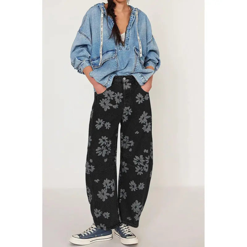 Women's Y2K Floral Print Wide-Leg Jeans – Loose Boyfriend Fit Denim