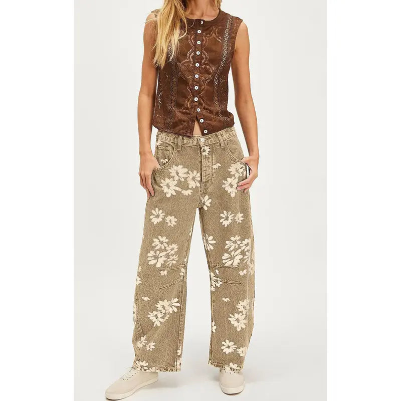 Women's Y2K Floral Print Wide-Leg Jeans – Loose Boyfriend Fit Denim