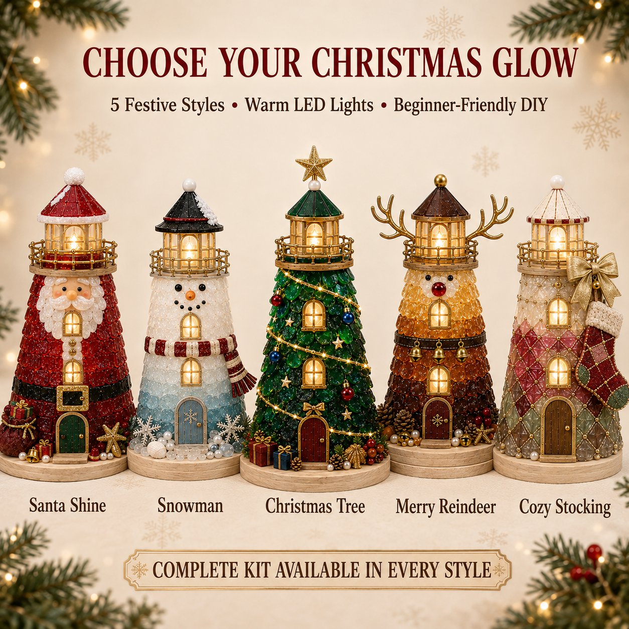 DIY Lighted Christmas Lighthouse Kit | Sea Glass-Style Pieces, LED Lights & 5 Festive Styles