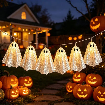 10pcs Halloween Ghost String Lights, Atmospheric Glitter Ghost LED Lights, Battery Operated