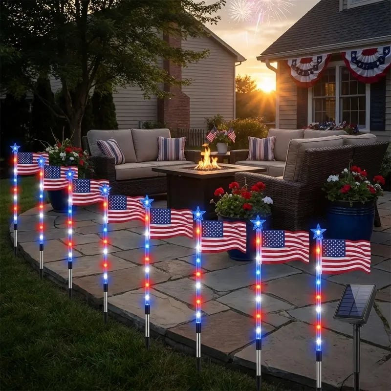 🎉8 Solar American Flag Pathway Lights – Red, White & Blue Yard Glow for 250th Independence Celebration 🇺🇸✨