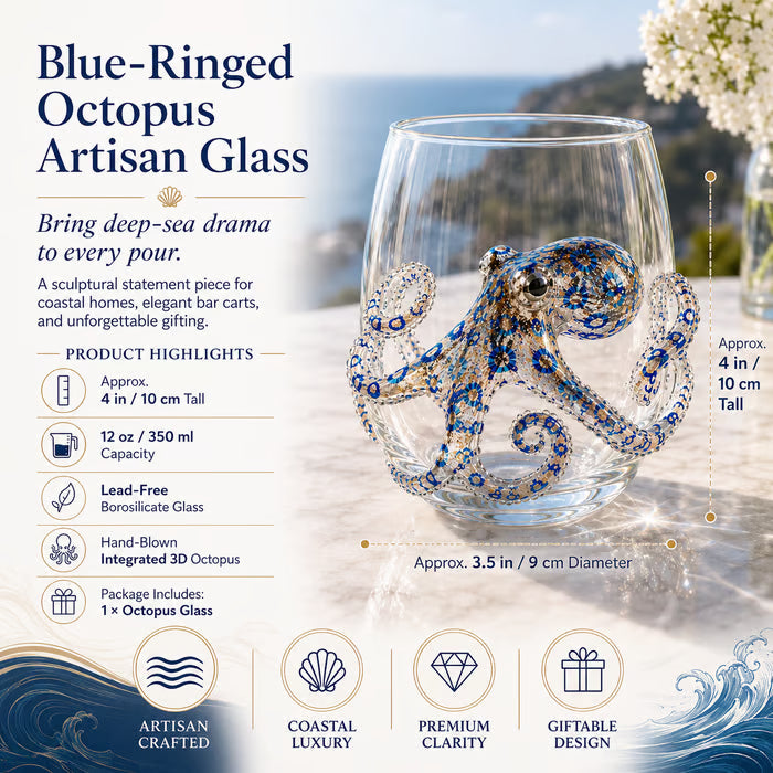 Artisanal 3D Ocean Creature Glass | Blue Ringed Octopus & Sea Life Glassware