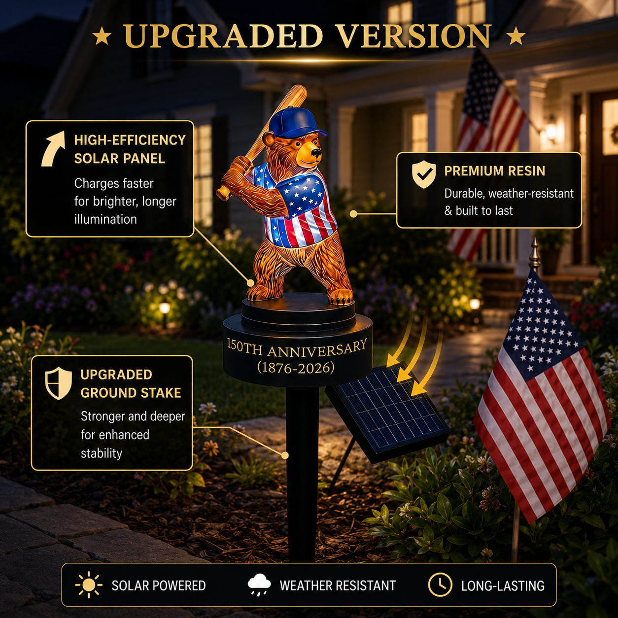 🔥Last Day 70% OFF - ⚾150th Anniversary Baseball Bear Solar Garden Stake Light