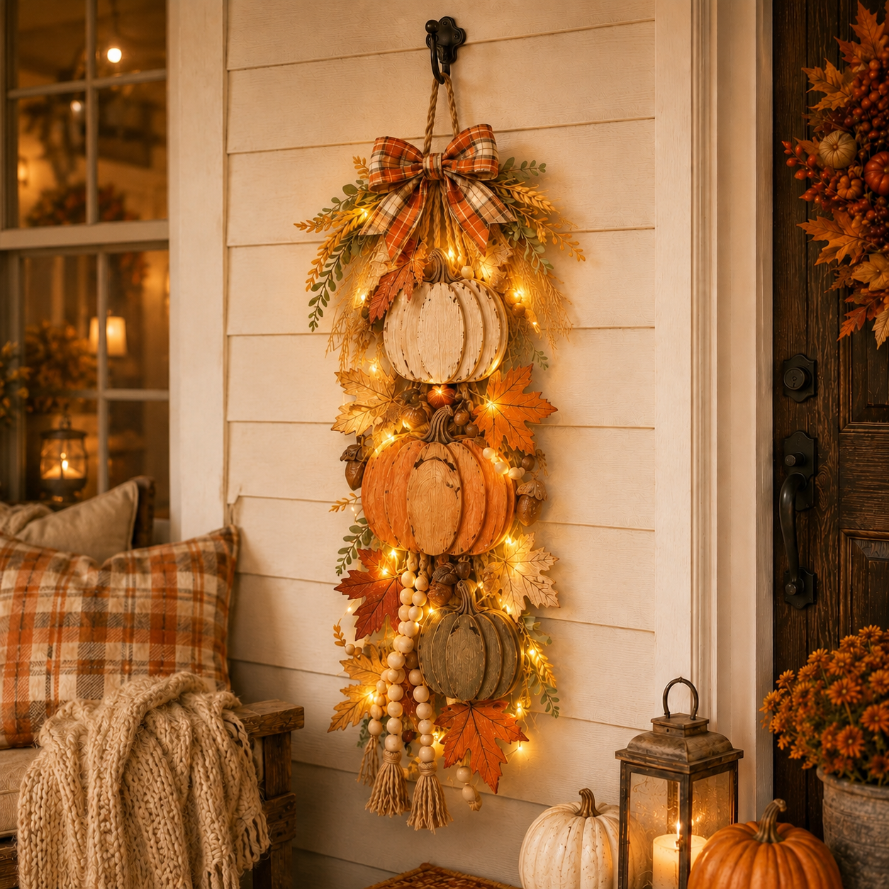 Rustic Wooden Pumpkin Door Hanging | Farmhouse Fall Decor | With or Without Warm LED Lights