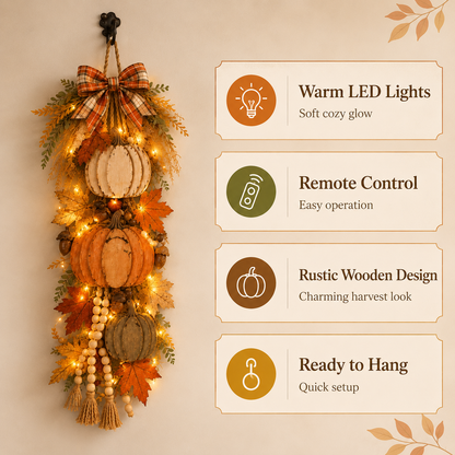 Rustic Wooden Pumpkin Door Hanging | Farmhouse Fall Decor | With or Without Warm LED Lights