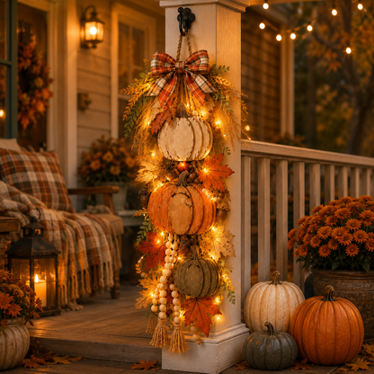 Rustic Wooden Pumpkin Door Hanging | Farmhouse Fall Decor | With or Without Warm LED Lights