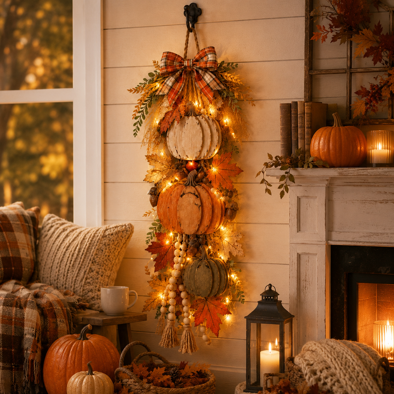 Rustic Wooden Pumpkin Door Hanging | Farmhouse Fall Decor | With or Without Warm LED Lights